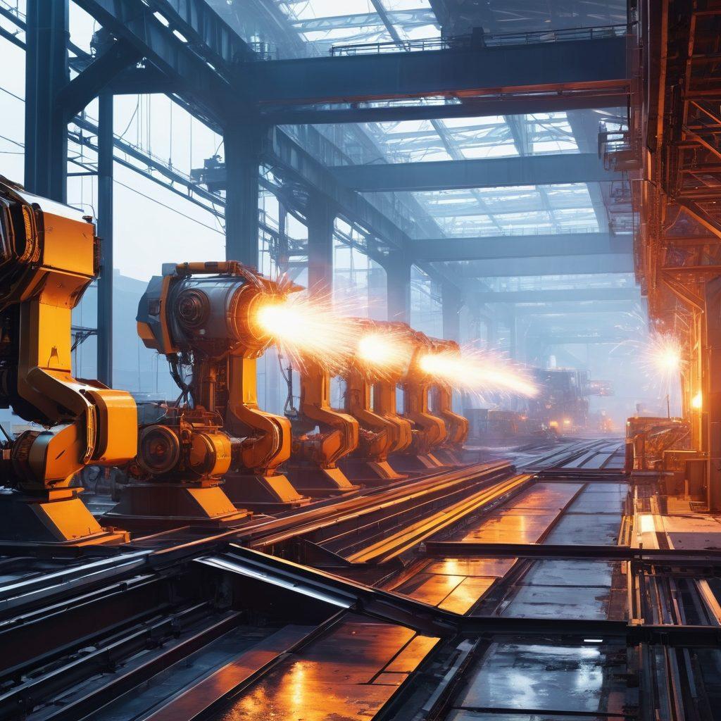 A futuristic steel manufacturing plant in Lexington, showcasing advanced machinery and robots at work, with glowing sparks flying and steel beams being shaped. The background features a cityscape representing innovation, blending nature with technology. Include elements like solar panels and eco-friendly designs. The atmosphere should be dynamic and inspiring. super-realistic. vibrant colors. white background.