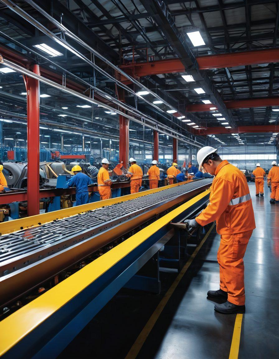 A dynamic and intricate steel supply chain scene set in a modern fabrication facility, featuring workers in safety gear inspecting high-quality steel products, conveyor belts in motion, and cutting-edge machinery. Include elements symbolizing quality and precision, like calipers and blueprints. Bright and industrial colors to showcase a vibrant atmosphere of activity and professionalism. super-realistic. vibrant colors. white background.