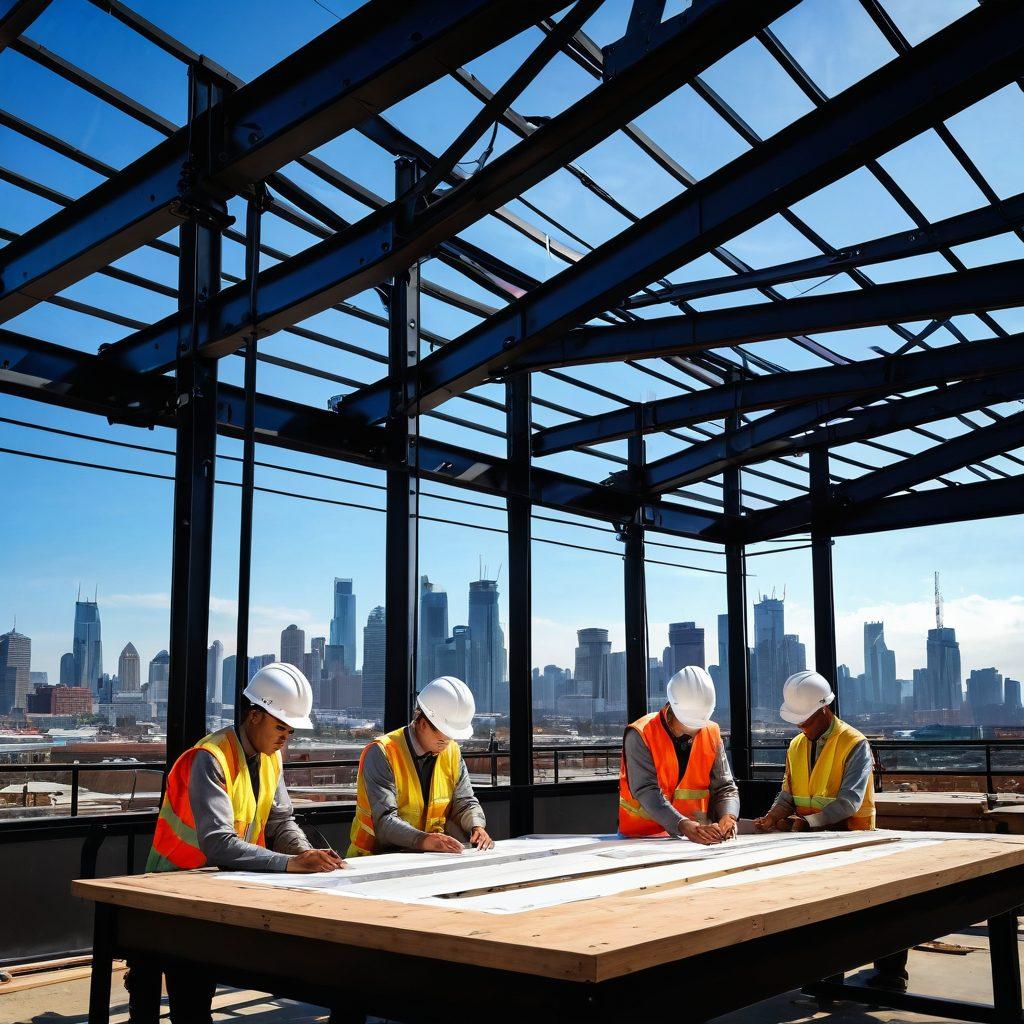 A modern steel structure under construction, showcasing innovative steel beams and frameworks amidst a city skyline, symbolizing strength and integrity. Include workers in hard hats, advanced machinery, and blueprints scattered on a table, conveying the theme of engineering excellence. The scene should be vibrant and dynamic, highlighting both technology and teamwork. super-realistic. vibrant colors. industrial setting.